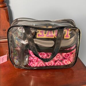 Transparent Cosmetic Bag with Black Handles and Pink Heart Motif